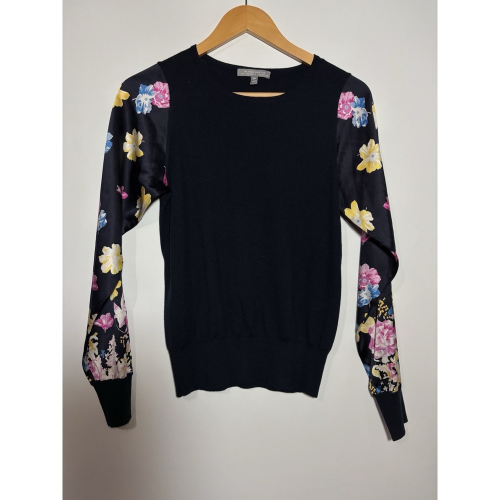 Neiman Marcus Sweater Womens XS Navy Cashmere Silk Blend Floral‎ Mixed Media Top
